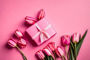 Illustrate the essence of affection with a top-view photo showcasing a meticulously adorned gift box, ribbon, and a vibrant tulip bouquet against a pink backdrop—an ideal concept for Mother's Day.