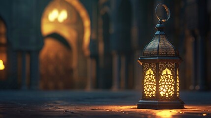 An Islamic-themed Lantern Glowing with Warmth, Set Against a Background of Gentle Light.