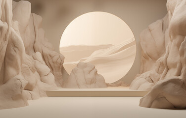 3d scene with stone rock and a white cave wall, in the style of nature-inspired abstractions, light gold and light beige, circular shapes, stage-like environment