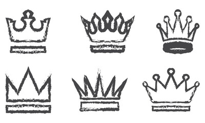 Set of crown icon in brush stroke. Thick paint in the form of a crown isolated on white background. Brush stroke texture paint style hand drawn illustration.