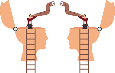 Opened head with periscope businessmen peeking at each others