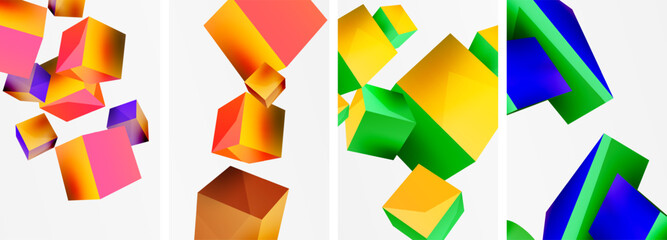 Flying 3d shapes, cubes and other geometric elements background design for wallpaper, business card, cover, poster, banner, brochure, header, website