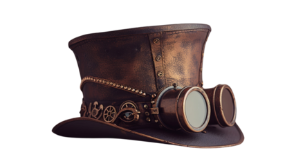 Aged brown steampunk hat with brass goggles and gears.