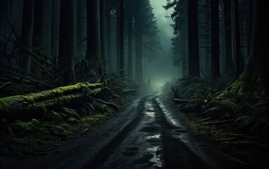 A Road in a Dense and Foggy Forest with a Sense of Mystery