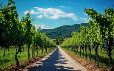 Fototapeta na wymiar A Road Through a European Winemaking Haven with Aligned Grapevines