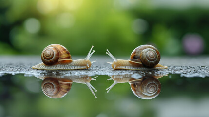 Two snails facing each other with reflections on wet surface.
