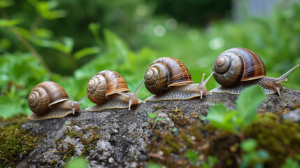 Four snails in a row on a moss-covered rock.
