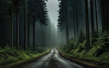 Road Winding Amidst a Misty Pine Forest