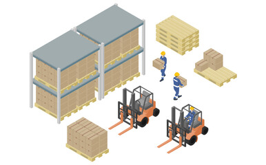アイソメトリックイラスト:フォークリフトと倉庫 © stomy
