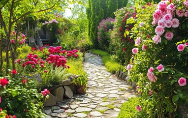 A Spring Garden with a Stone Path in View