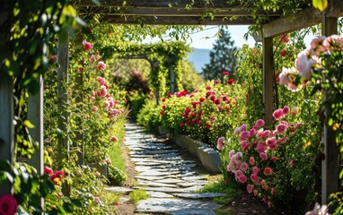 Fototapeta na wymiar Stone-Clad Path in a Peaceful Spring Garden Bursting with Blooms