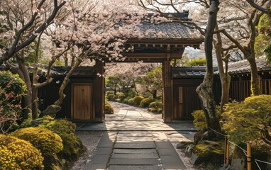 Traditional Japanese Garden Featuring Cherry Blossom Trees