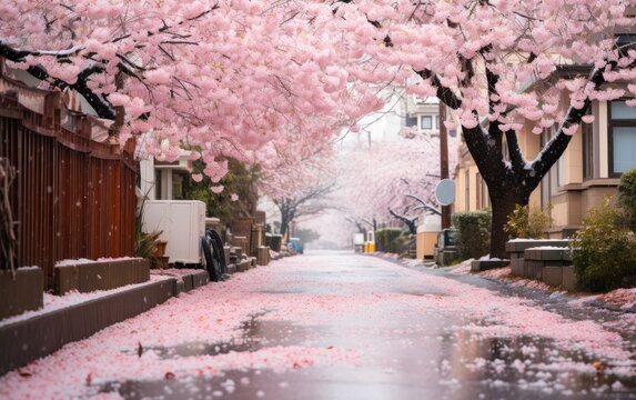 Residential Road Adorned with the Drift of Cherry Blossom Petals