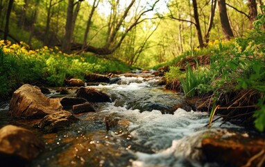 Peaceful Water Flow: Stream Winding Through a Spring Forest