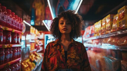 A beautiful black woman in the background of a grocery store. The girl came to buy groceries at the supermarket.