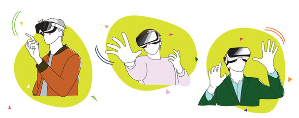 Virtual Reality. People in VR glasses,  vision, Wide banner with young characters.