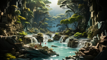 Enchanting Natural Cascades: Exploring the Serene Wonders of Forest Streams and Mountain Falls, generative AI