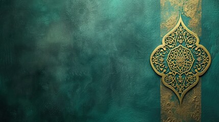 A Gold Gradient Dark Green and Flat Style with an Islamic Ornament on the Side, against a Pastel Blue Background.