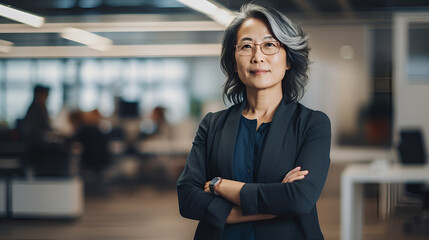 An asian middle aged woman with folded hands in open office space looking at the camera with a smile. Corporate office concept art. 