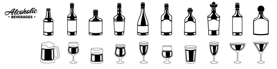 Alcohol icons. Bottle and glass icon set. Alcohol drinks. Alcoholic beverages.