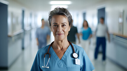 A veteran nurse with stethoscope standing in the hospital corridor looking at the camera with a smile. Hospital, nurse, medical concept art.