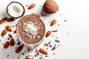 chocolate smoothie with almonds and coconut shavings on a white table