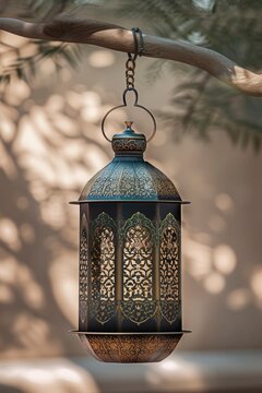 Islamic Lantern Eid Celebration, A Banner with Eid Mubarak and Eid al-Adha Greetings, Featuring a Lantern Element, Celebration with Copy Space.