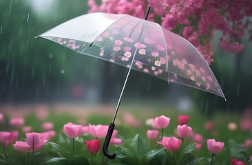 Transparent umbrella with spring flowers, flowers inside under the umbrella hang in the air, flying in the rain