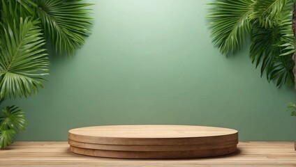 Realistic 3d wood display podium stage with green leaf isolated on green background. AI Generated - obrazy, fototapety, plakaty