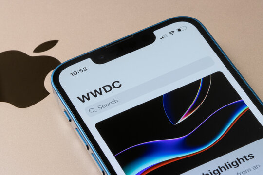 Portland, OR, USA - Jan 25, 2024: Webpage of WWDC, Apple's annual Worldwide Developers Conference, is seen in the Apple Developer app on an iPhone.