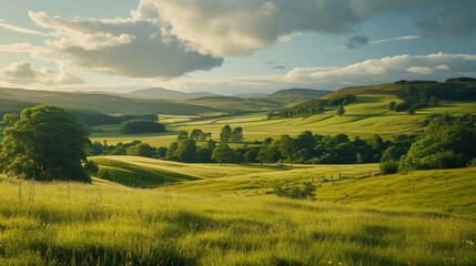 Fototapeta na wymiar Sunny weather in Scottish meadows in the Highlands.