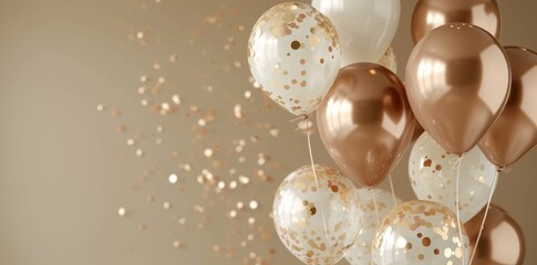 happy birthday background with realistic balloon and golden confetti