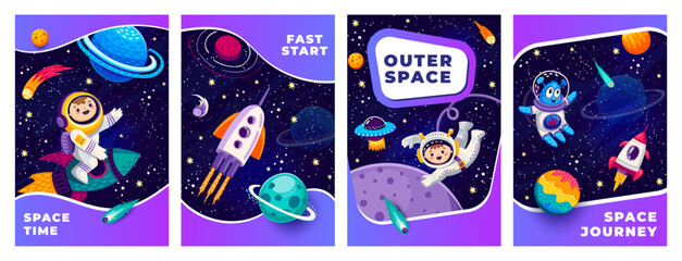 Space posters and flyers. Astronauts, alien and rocket spaceship between galaxy space planets and stars. Galaxy travel vector banners with kid astronaut and alien cheerful personages flying in galaxy