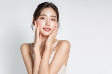 Beautiful young Asian woman, white, smooth, clean face. Studio atmosphere, advertising concept for cosmetics, spa, beauty clinic, Generative AI