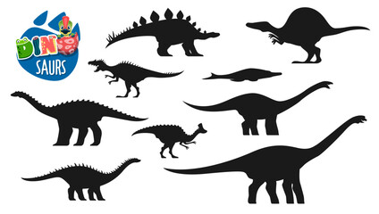 Dinosaur, prehistoric reptiles silhouettes. Extinct animal, paleontology lizard. Amurosaurus, Metriorhynchus, Oxalaia and Lexovisaurus, Aegyptosaurus, Neovenator Jurassic dinosaur vector silhouette