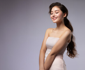 Fototapeta premium Beautiful young woman, white, smooth, clean face. Studio atmosphere, advertising concept for cosmetics, spa, beauty clinic, Generative AI