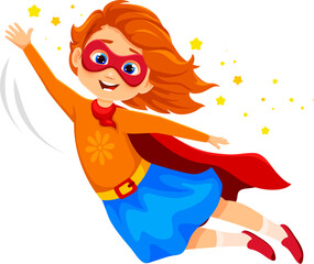 Cartoon kid superhero character. Isolated vector spirited girl super hero, adorned in colorful costume with a cape fluttering behind her, exudes confidence, ready to conquer any adventure with a smile