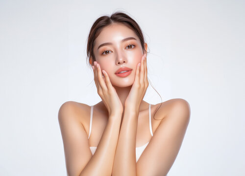 Beautiful young woman, white, smooth, clean face. Studio atmosphere, advertising concept for cosmetics, spa, beauty clinic, Generative AI