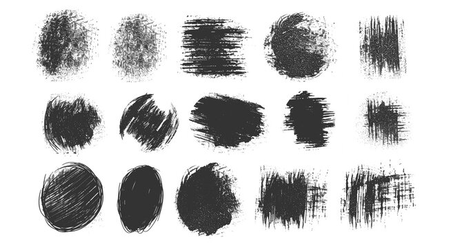 Chalk Texture Stain Set: Hand-Drawn Doodle Effect for Crayon Brush Design, Scratch Frame Shape, Pencil Effect. Ink Brushstroke and Paintbrush Template with Black Ink Brush Stroke