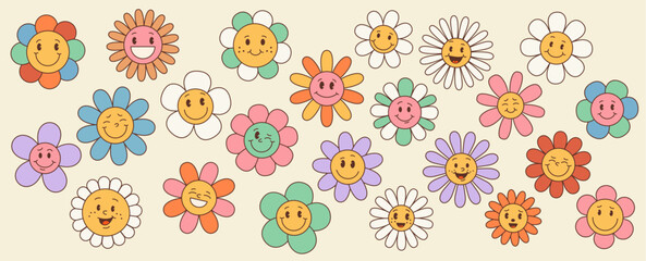 Retro groovy daisy sunflower, cute happy flower characters isolated vector set. Chamomile blooms cartoon personage, with vibrant petals, radiating joyful vibes and a touch of nostalgic charm of 60s