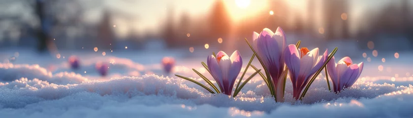 Foto op Plexiglas Purple crocus flowers sprouting amid melting snow during the spring season, a serene and picturesque garden landscape, transitioning from winter to spring. © OHMAl2T
