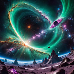 Cosmic Surrealism - Unreal celestial bodies, space-time curvature, and gamma ray bursts illuminating deep space Gen AI
