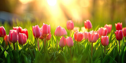 Field of pink blooming tulips with the shining sun on background