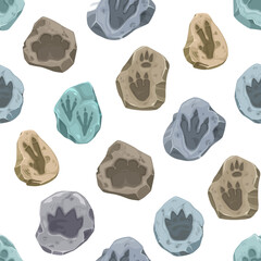 Ancient dinosaur footprints, fossils seamless pattern. Fabric or textile print with prehistoric monster claws stone imprints. Wrapping paper seamless vector background with prehistory reptile foots