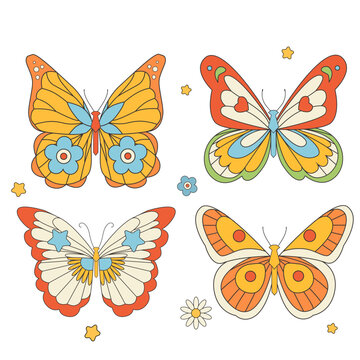 Beautiful groovy butterfly vector hand drawn illustrations set. Stock pop clip art in Hippie 60s 70s style. Peace. Pacific.