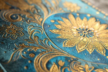A Simple Beautiful Wedding Invitation Design, Muslim Art Style, Featuring a Harmonious Palette of Gold and Blue in a Striking Graphic Composition.