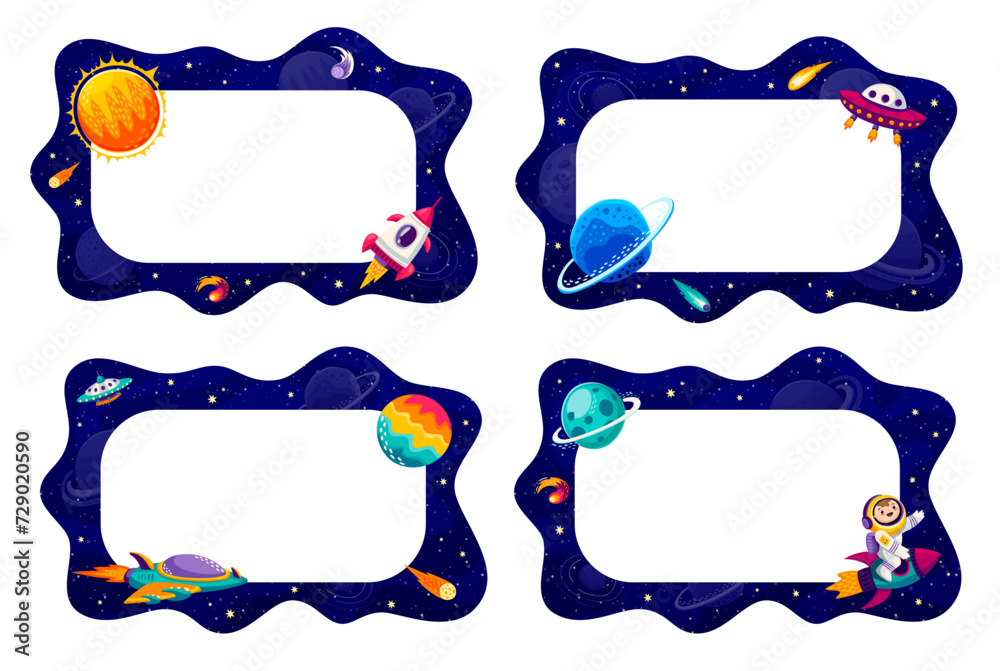 Poster border frames with galaxy space landscape, planets and stars, starships and astronaut cartoon charac
