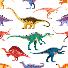 Cartoon dinosaurs cute characters seamless pattern. Textile vector backdrop or print with Hypselosaurus, Suchomimus, Archaeornithomimus and Aralosaurus, Ouranosaurus, Alectrosaurus dinosaurs personage