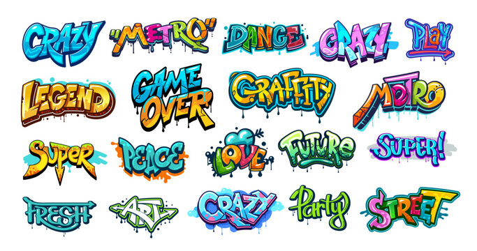 Graffiti street art, urban style. Vector wall writings, cartoon grunge font text with color spray paint blots, drips and brush splatters, arrows, hearts and bubbles. Street art graffiti tags, slogans