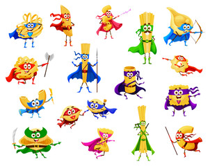 Cartoon Italian pasta food superhero characters. Penne, tagliatelle, cannelloni and conchiglioni, ravioli, farfalle Italian pasta superhero funny mascots, isolated vector cute personages with weapon